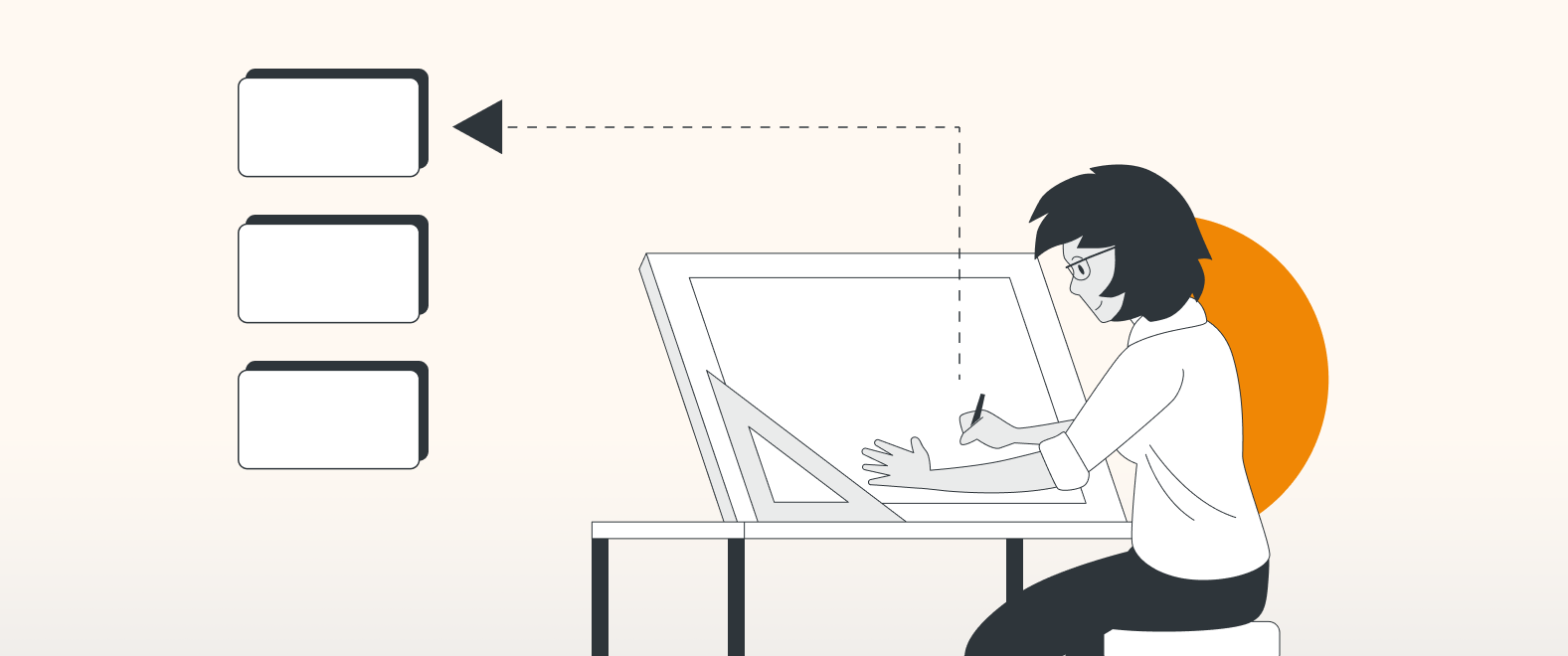 Eine gezeichnete Frau, die vor einem Schreibtisch mit einem leeren Blatt Papier sitzt. Von diesem Papier geht ein Pfeil zu drei Kästen, die wie eine Mind Map aussehen. Für die Diagramm-App draw.io.