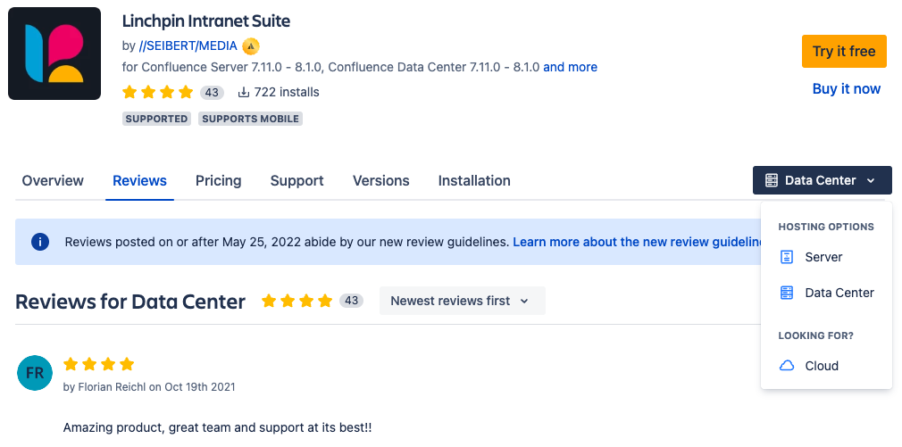 Im Atlassian Marketplace werden dir Reviews nach Deployment-Variante angezeigt.