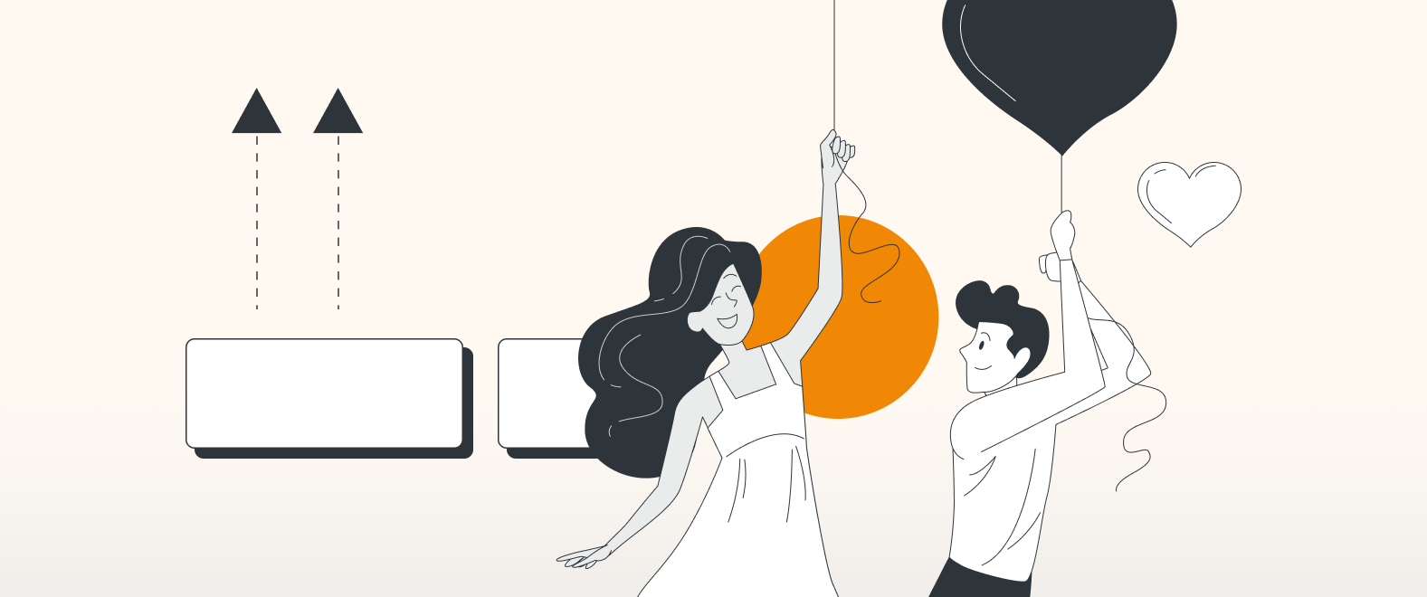 Eine Grafik, die zwei gezeichnete Personen, eine Frau und einen Mann, zeigt. Beide halten sich jeweils an einer Schnur fest, die an einem herzförmigen Luftballon befestigt ist.